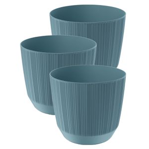 3x stuks moderne carf-stripe plantenpot/bloempot kunststof dia 17 cm/hoogte 15 cm stone blauw