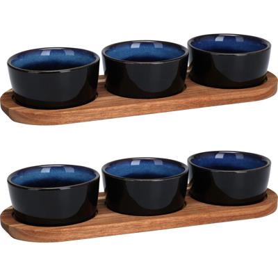Serveerplank/borrelplank hapjes/saus/tapas - 2x - keramiek - blauw - incl. schaaltjes