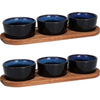 Serveerplank/borrelplank hapjes/saus/tapas - 2x - keramiek - blauw - incl. schaaltjes