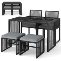 5-Delige PE Rieten Tuinmeubelset Buitenset met Kussens Ruimtebesparende Rotan Tuinstoel en Gehard Glazen Tafel met Voetenbankjes