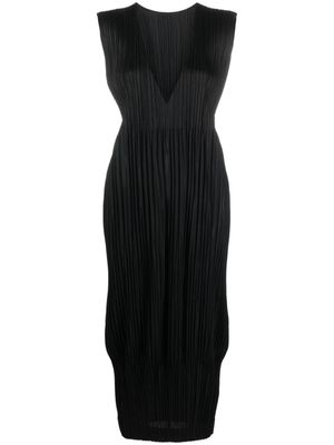 Pleats Please Issey Miyake robe mi-longue plissée à col v - Noir Pleats Please Issey Miyake robe mi-longue plissée à col v - Noir