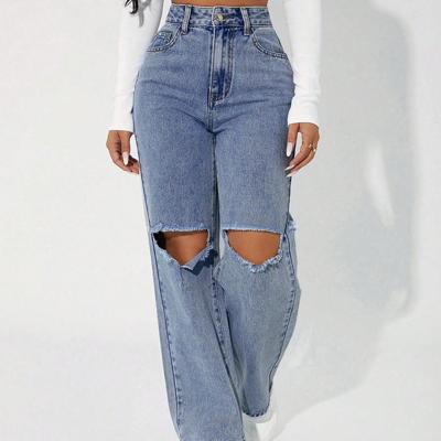 Petite High Waist Straight Leg Mom Jeans - Dark Wash Distressed Denim Blue / Petite S