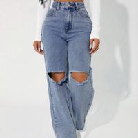 Petite High Waist Straight Leg Mom Jeans - Dark Wash Distressed Denim Blue / Petite S