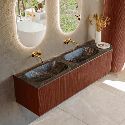 Badmeubel Mondiaz Kurve-Dlux | 165 cm cm | Meubelkleur Ruby | Wastafelkleur Lava | Solid surface | Dubbel / Links spoelbak | Zonder kraangat(en)