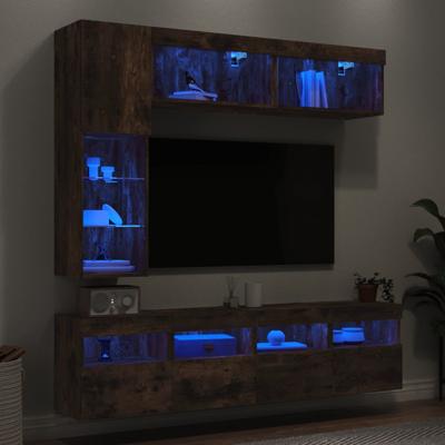 7-delige Tv-wandmeubelset met LED-verlichting gerookt eiken