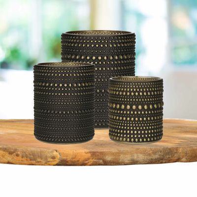 Theelichthouders set - 3x - zwart/goud - glas - luxe kaarsenhouders