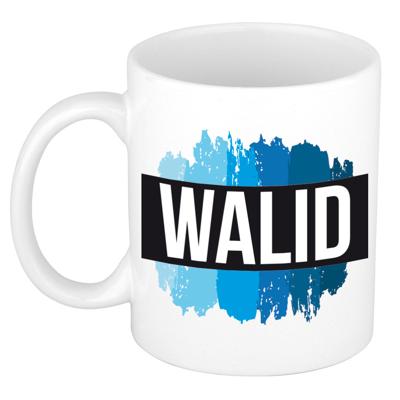 Walid naam cadeau koffie mok - beker - met blauw verfstrepen - Cadeau collega - vaderdag