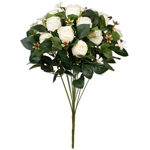 Kunstbloemen boeket rozen met bladgroen - wit - H49 cm - Bloemstuk