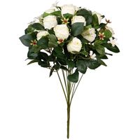 Kunstbloemen boeket rozen met bladgroen - wit - H49 cm - Bloemstuk