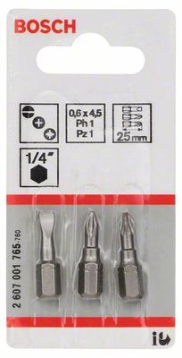 Bosch Accessoires 3-delige bitset Extra Hard (assorti) S 0,6x4,5; PH1; PZ1; 25 mm 3st - 2607001765
