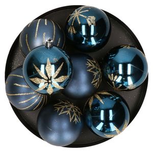 Gedecoreerde kerstballen - 8x st - 8 cm - kunststof - blauw/goud