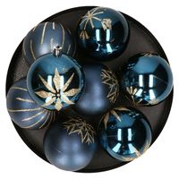 Gedecoreerde kerstballen - 8x st - 8 cm - kunststof - blauw/goud - thumbnail