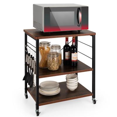 60 x 40 x 73,5 cm 3-Laags Bakkersrek Keukengerei Serveerwagen met 10 Afneembare Haken Metalen Frames met Vergrendelbare Wielen