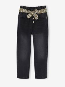 Paperbag jeans met bloemenriem voor meisjes zwart