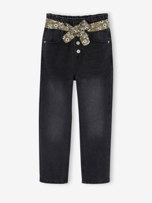 Paperbag jeans met bloemenriem voor meisjes zwart