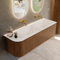 Mondiaz KURVE-DLUX 145 cm Onderkast Greeploos 1 Lade Met Deuren Walnut, Wastafel Solid Surface Rechts Ostra 0 Kraangaten Zonder Spiegel (KRVLEA145L1L1D0KD-Wal/Ost)