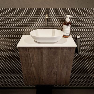 Mondiaz Fowy toiletmeubel 50cm dark brown met blad en waskom talc midden zonder kraangat