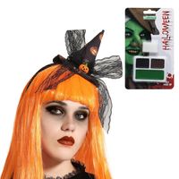 Verkleed setje heks - Mini hoed op diadeem en schmink setje - Carnaval/Halloween thema