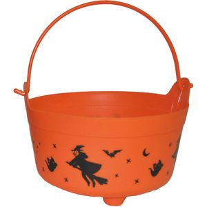 Heksenketel/kookpot - oranje - kunststof - dia 24 cm - met Halloween print