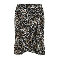 WE Fashion wikkelrok met bladprint en volant zwart - thumbnail