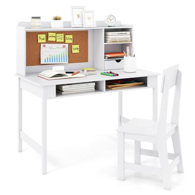 Kinderbureau met Stoel Houten Schoolbureau met Kurken Prikbord Lade Opbergvak en Open Planken-Wit