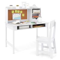 Kinderbureau met Stoel Houten Schoolbureau met Kurken Prikbord Lade Opbergvak en Open Planken-Wit