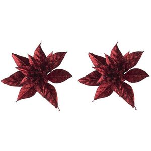 2x Kerstversieringen glitter kerststerren bordeaux/donkerrood op clip 8 cm - Kunstbloemen