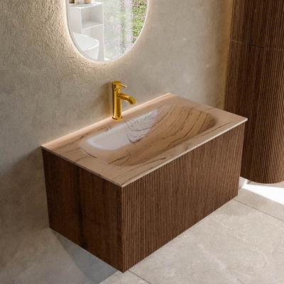 Badmeubel Mondiaz Kurve-Dlux | 80 cm | Meubelkleur Walnut | Wastafelkleur Arena | Solid surface | Wasbak midden spoelbak | 1 kraangat