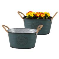 Plantenpot/bloempot teil voor buiten - 2x - zink - petrolblauw - L29 x D18 x H15 cm