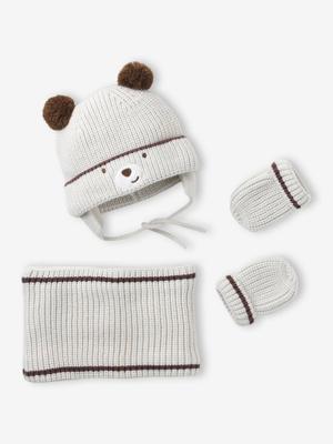 Babyset muts >, snood en wanten baby klei