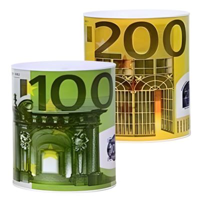 Spaarpot geld thema - 2x stuks - 200 en 100 euro print - 15 cm - spaardoelen