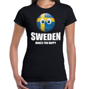 Sweden makes you happy landen t-shirt Zweden zwart voor dames met emoticon