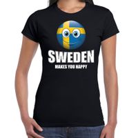 Sweden makes you happy landen t-shirt Zweden zwart voor dames met emoticon