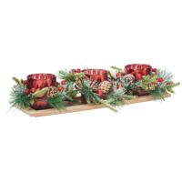 Kerststukje theelichthouders - rood - 38 x 12 x 1.5 cm - tafel ornament