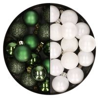 28x stuks kleine kunststof kerstballen wit en dennengroen 3 cm