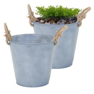 Plantenpot/bloempot emmer Old Rope - 2x - zink - zilver - D28 X H27 cm