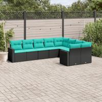 9-delige Loungeset met kussens poly rattan zwart
