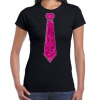 Verkleed t-shirt voor dames - stropdas roze - pailletten - zwart - carnaval - foute party