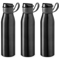 3x Stuks aluminium waterfles/drinkfles zwart met klepdop en handvat 650 ml