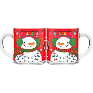 Kerst mokken/bekers - 2 stuks - glas - 300 ml - sneeuwpop - 11 cm