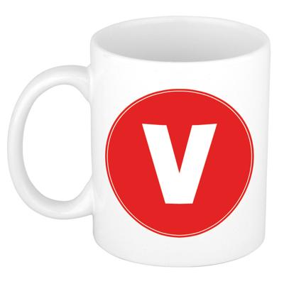 Koffie mok met de letter V - beker - rood - eerste letter van een voornaam - wit - 300 ml