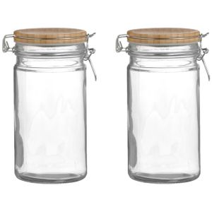 Voorraadpot/bewaarpot - 2x - 1L - glas - met beugelsluiting - bamboe deksel