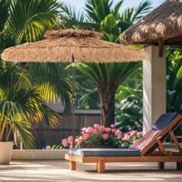247 cm Hoge Parasol in Hawaïaanse Stijl Rieten Tiki Terrasparasol met 8 Stokjes Zwengel & 35° Kanteling Palapa Parasol voor Strand