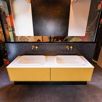 Badkamermeubelset Mondiaz Erin 150 cm met 2 Lades met RIDGE Wastafel Dubbel Talc Zonder Kraangaten Greeploos Mat Ocher