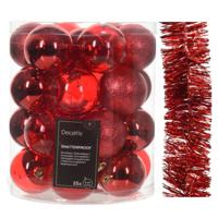 Kerstversiering set - rood - kerstballen 6 cm en slinger - kunststof - Kerstbal - thumbnail