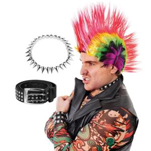 Carnaval verkleed setje heren punker - hanekam pruik - spikes ketting - riem met studs