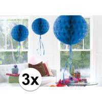 Decoratie bol - 3x - blauw - 30 cm - crepe papier - versiering - feestversiering