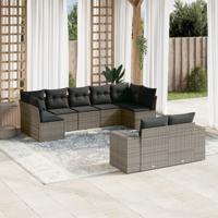 9-delige Loungeset met kussens poly rattan grijs