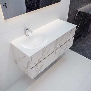 Mondiaz Vica Moon badmeubel wit carrara mat 120 cm 4 lades solid surface enkele spoelbak links 1 kraangat