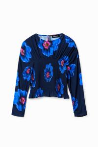 Gebloemde aangerimpelde blouse - BLUE - L